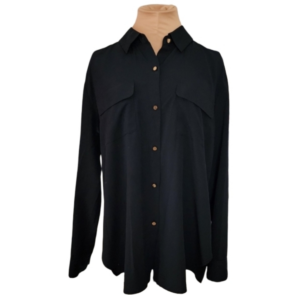 Juicy Couture Black Button Front Blouse Size 10‎ Gold Buttons